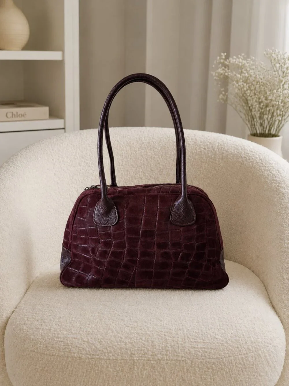 Burgundy Italian Leather & Croc-Embossed Suede Shoulder Bag – Large Dome Handbag